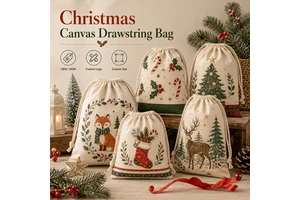 High Quality 100% Cotton Christmas Festive Design Reusable Waterproof Shopping Bag Eco Friendly Canvas Drawstring Bag Gift
