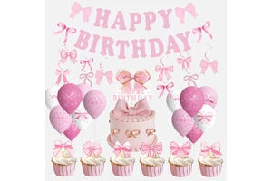Cartoon Pink Bow Disposable Party Supplies Set Birthday Party Custom Banner and Balloon Children's Birthday Decoration