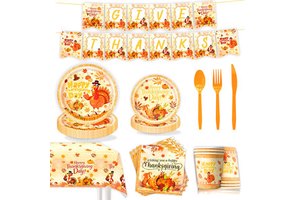 Thanksgiving Turkey Themed Tableware Set Paper Plates Cups Napkins Balloons Banner Bunting Hanging Swirls Thanksgiving Decor