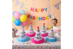 12pcs Kids Birthday Cone Hats Paper Fluffy Trim Pom Pom Custom for Children's Birthday Celebration