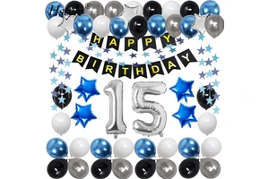 15th Birthday Decorations for Men Women Blue Black Birthday Party Supplies 32'' Foil Balloon 15th and 51st Birthday Party ST857