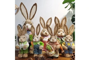 Handmade Gift Christian Easter Home Decor Bunny Figurine Sisal Rabbit Family Egg Basket Decorative Kids Room Decoration