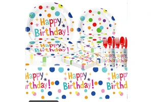 Happy Birthday Party Supplies Set with Dots Design Includes Disposable Plates Napkins Cups Tablecloth for Kids