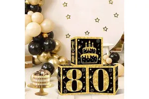 Colorful Happy Birthday Cardboard Boxes Square Shape Party Supplies with Year Old Birthday Balloons Age Theme Decorations