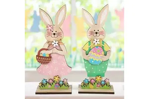 Easter Wooden Rabbit Craft Painted Desktop Ornament Nordic Style Furniture Rabbit Decoration Wooden Products