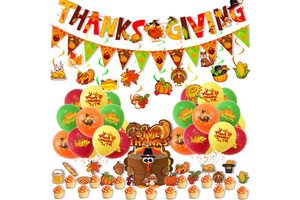 Give Thanks Thanksgiving Day Banner Cupcake Toppers Balloons Globos Birthday Party Supplies Decoration Kid