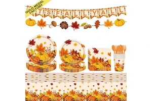 Tableware Set 2025 Thanksgiving Disposable Dinnerware Plate Napkin Cup Knife Fork Spoon Tablecloth for Fall Autumn Harvest Party
