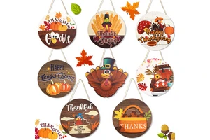 Thanksgiving Wooden Door Sign Round Thankful Happy Thanksgiving Wall Hanger with Turkey & Pumpkin Fall Harvest Home Decoration