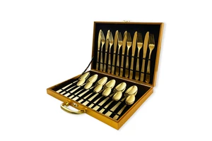 Custom Logo Gold Spoon And Fork Flatware Set Stainless Steel Cutlery Set With Box 24pcs Luxury Gift Gold Cutlery Set For Wedding