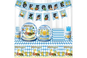 Munich Oktoberfest October Party Tableware Decoration Blue White Plaid Tablecloth Napkins Cups Paper Plates Banner Celebration