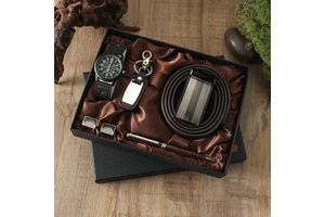 Father's Day Gifts Wholesale 5piece Fashion Men's Watch Set With Gift Box Keychain Ballpoint Pen Cufflinks Belt Watch Set Gift