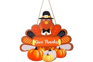 Autumn Thanksgiving Door Sign MDF American Country Style Turkey and Pumpkin 11 X 11 Inch Wall Decor Personal Gift Home Decor