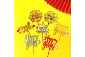 INS New Year Party Acrylic Cake Toppers Color Happy New Year Cake Topper for Home Party Cake Firework Cupcake Decorations