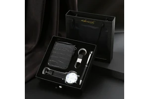 Light Luxury Leather Business Gift Set with Large Dial Quartz Watch Tie & Pen for Father's Day & Business Events
