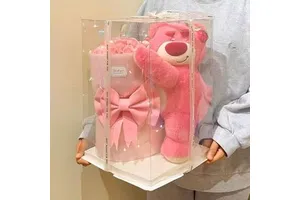 Hot Sale Strawberry Bear Eternal Rose Flower Bouquet Hug Bucket Clear Plastic Gift Box With Ribbon For Valentine's Day Birthday