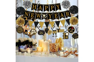 2026 New Year's Day Party Supplies Decoration Pull Flag Spiral Paper Flower Ball Set Black+Gold Party Accessories