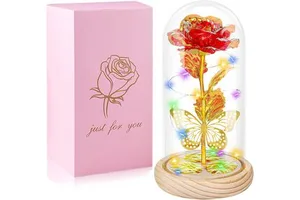 Artificial flower Gift for Her Women Fake Flowers Gifts for Mom Girlfriend Wife Red Rose in A Glass Dome Gifts for Valentine Day