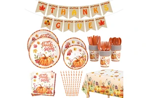 Elegant Thanksgiving Paper Plate Set Disposable Fall Tableware Pumpkin Maple Leaf Design for Autumn Party Celebration