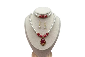 Synthetic Pearl Necklace Three-piece Set Chinese Style Geometric Shape Green Mother's Day Accessories