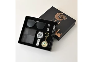 Custom Logo 6pcs Men Quartz Watch Wallet Belt Gift Set Hot Selling Stainless Steel Corporate Ramadan Eid Staff Holiday