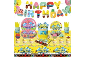 Cross-Border SpongeBob Party Children's Birthday Theme Paper Plates Set with Tissue Paper & Tablecloth Decoration Supplies