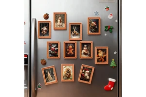 Custom Christmas Wooden Frame Fridge Magnet Set Santa Snowman Reindeer Art Holiday Kitchen Decoration Winter Home Ornament