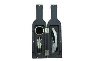 Innovation Promotional Custom Logo Sticker Wine Bottle Shape Modern Metal 3 in 1 Wine Pouring Foil Cutter & Opener Gift Set