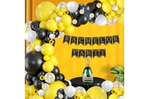 Groom To Be Premium Decoration Combo Kit | 58 PCS Yellow Black White Confetti Balloons with Glue Dots & Party Banner