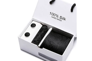 White Gift Box Custom Wholesale Black Men Striped Silk Tie and Hanky Sets Cufflink Tie Set Necktie Sets