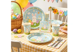 Easter Egg Bunny Disposable Party Supplies Kit for Celebration Colorful Easter Themed Disposable Plates Cups Napkins Set