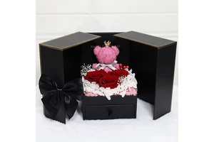 Bear Artificial Flowers Rose Double Door Necklace Box Gifts for Women Valentine'S Day Gift Mother Day Holiday Gift