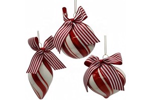 Hot Sale Red&White Striped Christmas Glass Ornament Christmas Tree Supplies Xmas Decor 8cm Hand-painted Ball With Bow