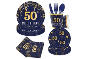 50th Birthday Party Supplies Disposable Tableware Set for Men Blue and Gold 50 Birthday Party Decorations