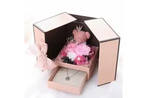 Mother's Day Valentines Day Gift Eternal Rose Box Moss Bear Preserved Roses Necklace Jewelry Gift Box Set Gift for Mom Women