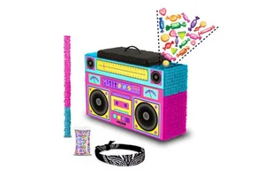 Boombox Pinata 4 Piece Set Perfect for Retro Birthday Party, =Decorations Radio Pinata for Kids and Adults