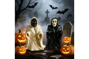Novelty Halloween Spooky Party Decor Black & White Skeleton Ghost Lantern with Spiderweb Design Halloween Grim Reaper LED Light