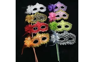 Lace Venetian Mask with Stick Venice Feather Flower Wedding Carnival Party Performance Costume Fashion Lady Mask Masquerade