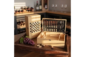 Wooden Wine Gift Box With Chess Set Includes Corkscrew Bottle Stopper & Pourer-Custom Logo Sustainable Wooden+Metal