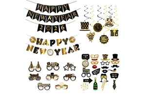 2026 New Design Happy New Year Black Gold Banner Glasses Photo Props Decorations for New Year Party Supplies