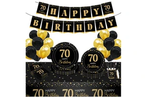 70th Birthday Party Supplies Disposable Tableware Set for Men Black and Gold 70 Birthday Party Decorations