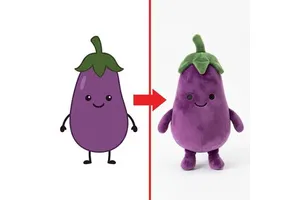 Custom Plush Elongated Garden Eggplant Soft Toy Leaf stem Detail Custom Craft Exclusive Customer Illustration Draft
