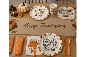 Holiday Supplies Fall Paper Plates Cups Napkins Cutlery with Burlap Table Runner Disposable Thanksgiving Party Tableware Set