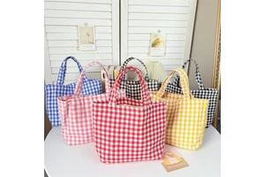 Bottcoola Fashion Simple Artistic Middle Size Plaid Cotton Canvas Mummy Student Cotton Shopping Handbag Lunch Bag