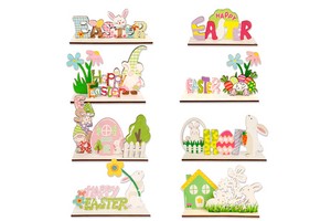 Wooden Easter Crafts Bunny Egg Flower Shaped Happy Easter Cartoon Ornaments for Easter Holiday Party Home Decoration