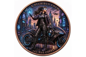 1oz .999 Fine Copper Cyberpunk Rider Coin Neon City Futuristic Art Collectible Medallion
