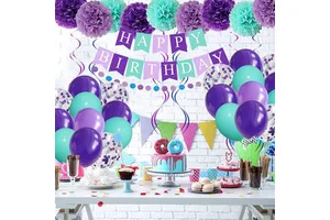 DAMAI Kids Birthday Party Supplies Mermaid Theme Purple Blue Paper Hanging Decor Honeycomb Banner Balloons Party Decoration Set