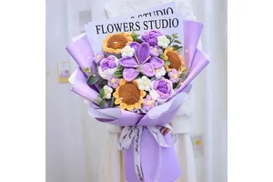 Handmade Sunflower Rose Bouquet Valentine's Day & Other Festive Gift Artificial Knitted Crochet for Mom Christmas Halloween