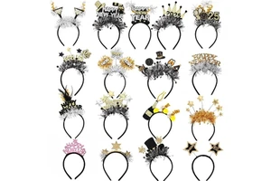Happy New Year Themed Tinsel Foil Fringed Headband Headdress Head Wear Photo Props for 2025 New Year eve Celebration Party Decor