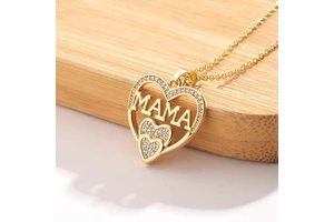 Mother's Day Gift MAMA Heart Pendant Necklace 18K Gold Plated Double Heart Mom Necklace for Women Mothers Day Jewelry Gifts