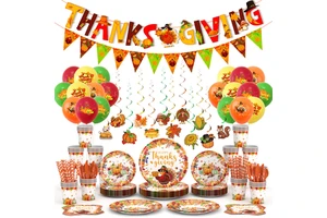 Customized Modern Thanksgiving Turkey Maple Leaf-Themed Party Decoration Set Includes Disposable Paper Plate Balloons for